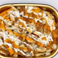 Buffalo Chicken Fries · Our signature extra crispy fries topped with crispy chicken, mozzarella, buffalo sauce, ranch,