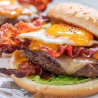 Cluck, Oink And Moo Burger · Lettuce, tomatoes, mayo, pickles, applewood smoked bacon,free-range egg and american cheese ...