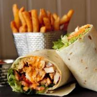 Avocado Chicken Wrap - · Grilled chicken, Romaine, tomatoes, Provolone, chipotle mayo, and avocado and side of fries.