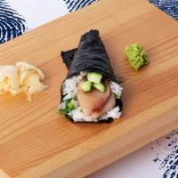 Yellowtail Hand Roll · Fresh yellowtail with sushi rice, wrapped in nori.