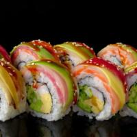 Rainbow Roll · Cornucopia of red & white tuna, salmon, yellow tail, kanikama.
