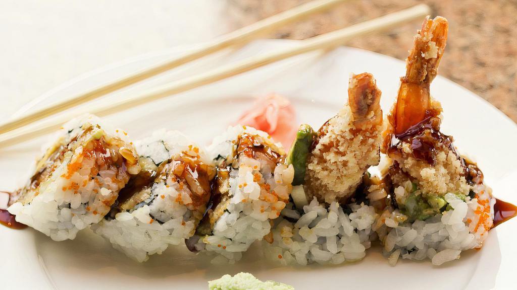 Angry Dragon Roll · No raw fish. Shrimp tempura with spicy kanikama, mango, spicy mayo.