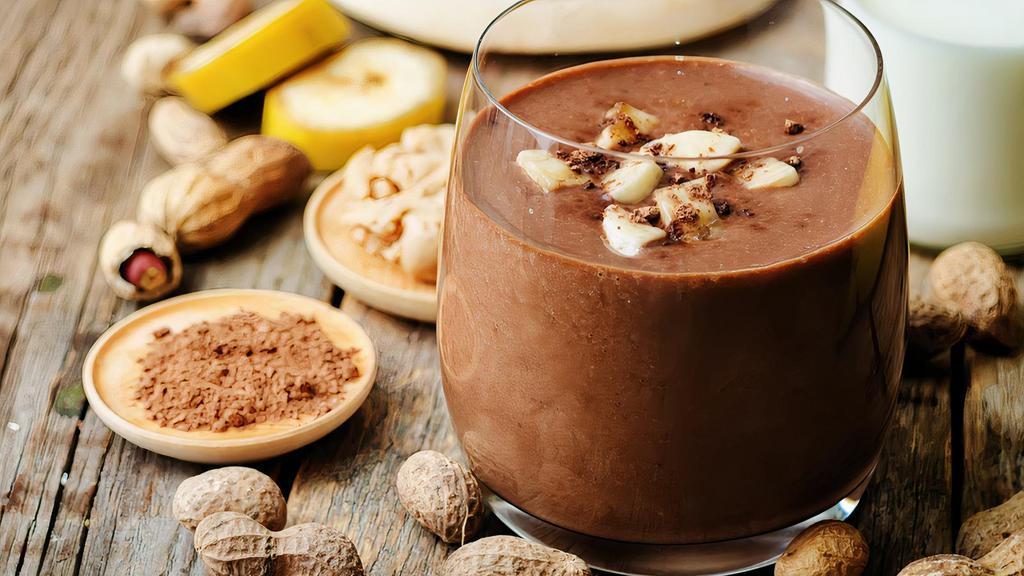 Peanut Butter Cup Smoothie · Banana and dark chocolate fortified with organic peanut butter.
