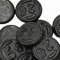 Salty Coins: Black Licorice · Salty black licorice coins. Also know as muntdrops, this thin black licorice has a round sha...