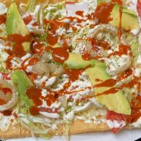 Chicharrón Preparado · w/ mayonnaise, lettuce, tomato, avocado, fresh Mexican cheese, sour cream, salsa Valentina a...