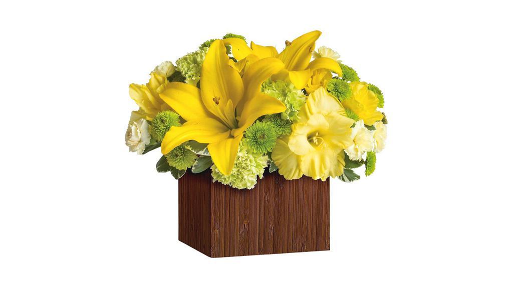Teleflora'S Smiles For Miles · Shower them with sunshine! An abundance of yellow and green blooms burst from the stylish bamboo box, bringing miles of smiles along with it. What a joyful pick for him and her, any day of the year!