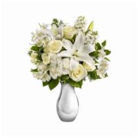 Teleflora'S Shimmering White Bouquet · The gorgeous bouquet includes white roses, white spray roses, white oriental lilies, white a...