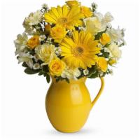 Teleflora'S Sunny Day Pitcher Of Cheer · This bouquet is just bright for any occasion! A bright and sunny medley of flowers is hand-d...