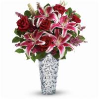 Teleflora'S Diamonds And Lilies Bouquet · A stunning beauty! Long-stem red roses and pink stargazer lilies are arranged in an exquisit...