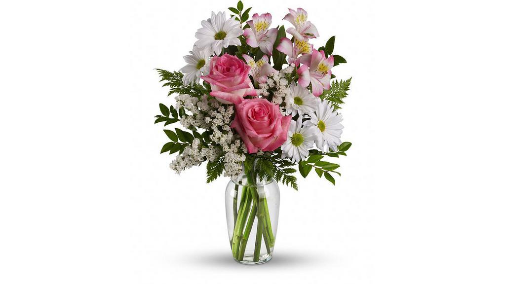 What A Treat Bouquet With Roses · This lovely bouquet of pink roses, pink alstroemeria, and white mums in a sparkling clear glass vase is truly a feast for the eyes. It is an inspired choice for brightening a birthday, anniversary or any special occasion. They'll think it's ahhh-some.