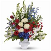 With Distinction By Teleflora · A dazzling display of patriotic red, white and blue flowers sends a silent yet poignant stat...