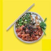 Sweet Tuna Poke Bowl · Sushi Grade Ahi Tuna, scallions, sweet onions, sesame seeds, nori strips, topped with spicy ...