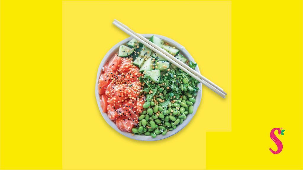 The Classic Poke Bowl · Sushi Grade Salmon, cilantro, edamame, cucumbers, sesame seeds, rice puffs, topped with ponzu sauce