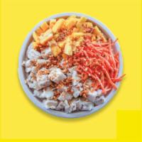 Mango Chicken Poké Bowl · Chicken, mango, carrots, fried onions, fried garlic, topped with zesty lime sauce