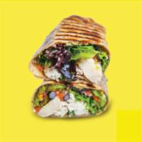 The Baja Wrap · Grilled chicken, black beans, corn, Pico de Gallo, cheddar cheese, jalapeño, house mix with ...