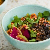 Miso Mushroom Bowl · Warm roasted shrooms, quinoa, 6-minute egg, crunchy veggies, beet relish, pickled chillis, p...