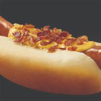 Bacon Cheese Dog · Hot dog topped with Nathan's  melted cheese sauce and topped with bacon bits.