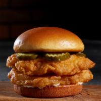Southern Chicken Sandwich · Hand-dipped Chicken Breasts, Crunchy Pickle Chips, and Mayo on a Potato Brioche Bun. All san...