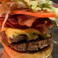 Double Moo Bacon Cheeseburger · Two patties with/ Lettuce, Tomato, Pickle, Bacon and American Cheese. 
Swiss (extra charge) ...