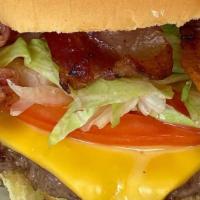 Moo Bacon Cheeseburger · With/ Lettuce, Tomato, Pickle, Bacon and American Cheese. 
Swiss or Cheddar extra fee