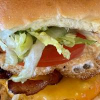 Grand Moo Hangover Burger · 6 oz Tri Blend-Short Rib, Brisket, Prime Chuck. Bacon, Egg and American Cheese, lettuce, tom...