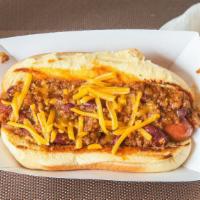 Sabrett Chili Cheese Dog · Sabrett Hot Dog topped with Chili, Onions and Cheese.