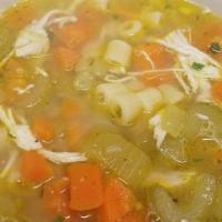 Chicken Noodle Soup · Clear chicken broth with pieces of chicken and noodles.