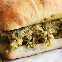 Pesto Chicken Ciabatta Sandwich · Grilled chicken pesto with spinach, honey mustard, mozzarella on ciabatta bread