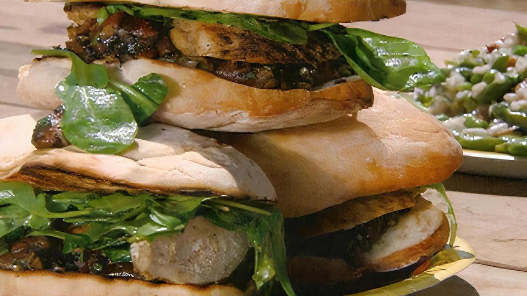 Shroom Ciabatta Sandwich · Mushroom's, onion, baby spinach, mozzarella cheese and basil aioli dressing
