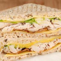 Grilled Chicken &  Swiss Whole Wheat  Sandwich · Grilled chicken breast, Swiss cheese, and baby spinach