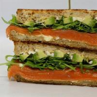 Smoked Salmon Whole Wheat Sandwich · Baby spinach, red onions, smoked salmon, chive & onion cream cheese