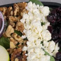 New Summer Salad With Raspberry Vinaigrette Dressing · Walnuts, dried cranberries, feta cheese, apple, baby spinach with raspberry vinaigrette dres...