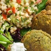 Falafel &  Hummus In A Cup · Spinach, falafel fritters, hummus for a great healthy snack