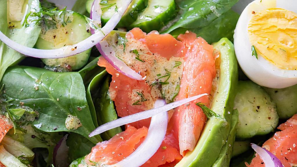 Smoked Salmon Feta Salad With Peanut Sauce · Mixed greens, smoked salmon, feta cheese, cherry tomatoes, boiled egg, cucumbers with peanut sauce