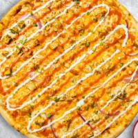 Buffalo Rider Chicken Pizza · Buffalo sauce, juicy chicken, mozzarella, marinara, chopped garlic, fresh basil, and extra v...