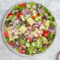 Greek Gains Salad · (Vegetarian) Romaine lettuce, cucumbers, tomatoes, red onions, olives, and feta cheese tosse...