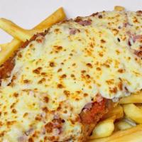 Eggplant Parmigiana · Eggplant lightly breaded topped with mozzarella cheese and tomato sauce.