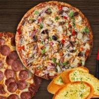 Family Pizza Meal 2 · One large pizza, 16 buffalo wings, mozzarella sticks and two liter soda. Serves five and mor...
