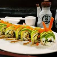 Dragon Roll · Baked eel and cucumber wrapped inside out topped with avocado and tobiko.