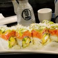 Amazon Roll · Shrimp tempura and avocado inside, topped with spicy tuna, kiwi, crunch, and sweet mango sau...