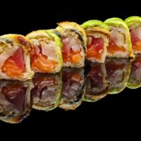 Happy Roll · Salmon, yellowtail, and tuna wrapped in soybean paper, topped with eel and avocado.