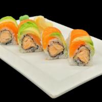 Atlantic Roll · Salmon tempura inside, topped with fresh salmon and avocado.