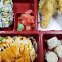 Bento Box B (Chicken) · Chicken teriyaki, shrimp and vegetable tempura, shrimp shumai, and California roll.