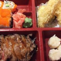 Bento Box C (Beef) · Beef teriyaki, shrimp and vegetable tempura, shrimp shumai, and california roll.