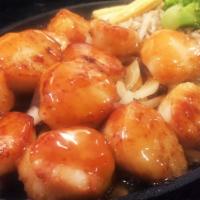 Scallop Teriyaki · Broiled scallops served with teriyaki sauce. Served with miso soup, white rice, and house sa...