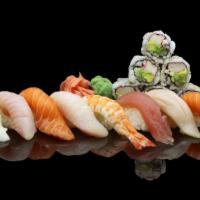 Sushi Deluxe · 10 pcs assorted sushi and one California roll.