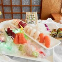 Sushi & Sashimi For 2 · 15 pcs of assorted sashimi, 10 pcs of assorted sushi and 3 rolls: spicy tuna roll, dragon ro...