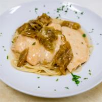 Chicken Angelina · In a White Wine Sauce served with Long Hots over Spaghetti