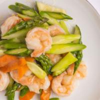 Shrimp With Asparagus · Served with rice.