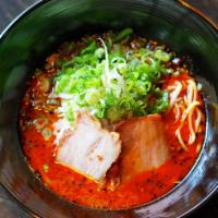 Sakurajima Ramen · Spicy mixed broth made from pork and chicken, Pork Chashu, Scallions, Bean Sprouts and Fried...